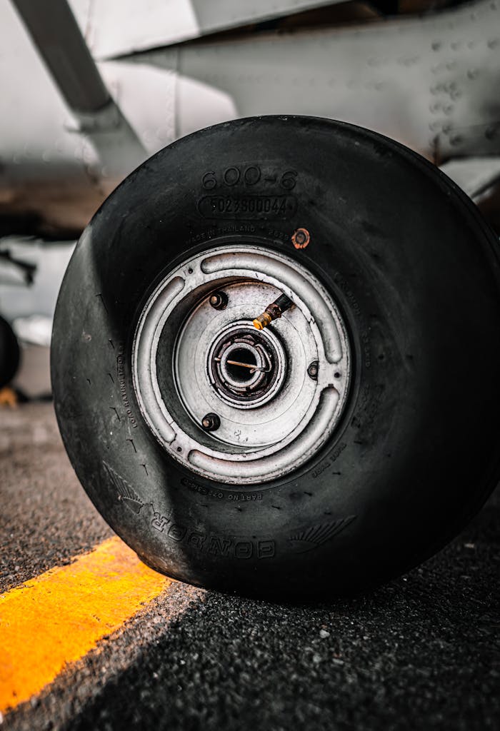 Wheel of light utility aircraft parked on asphalt airfield in aerodrome on sunny day